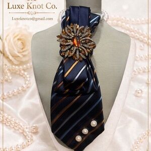 Navy Blue Striped Silk Cravat with Gold Brooch
